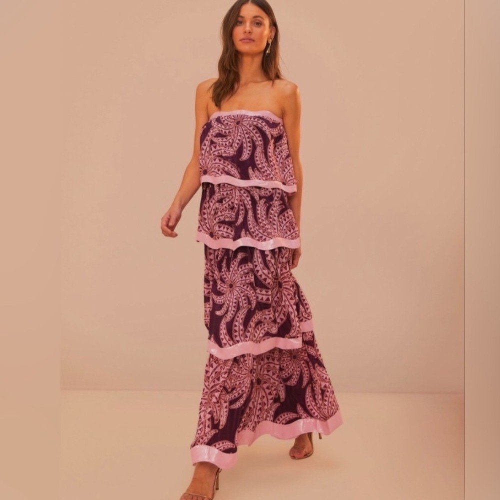 Farm Rio Burgundy Bananada Pink Print Strapless Tiered Maxi Dress Small Boho NWT - Picture 9 of 9